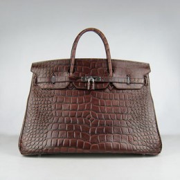 Hermes Birkin 40Cm Crocodile Stripe Handbags Dark Brown Silve